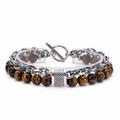Detail of tiger eye stone beads with silver chain and toggle clasp on men's bracelet - Tiger's Eye