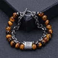 Detail of men's double-layer bracelet with tiger eye beads and silver metal chain link - Tiger Eye Bracelet