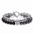 Detail of double-layer men's bracelet with black onyx, hematite beads and metal chain - Black Agate + Hematite