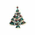 Close-up of golden Christmas tree brooch with green enamel and colorful rhinestones - Green Crystal Christmas Tree - Brooch