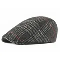 Classic British retro grey plaid wool flat cap with red stripes for autumn and winter - Adjustable / Grey Black