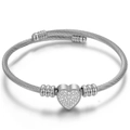 Silver stainless steel 11mm cable wire bypass bracelet with a sparkling heart charm - Steel