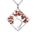 Close-up of handmade Tree of Life pendant with natural red stones in square wire frame - Red Agate