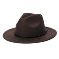 Detailed side view of a dark brown wool fedora hat with a black leather buckle band - Adjustable / Coffee