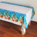 Détails de nappe de Noël en plastique avec motifs bleus de Père Noël et bonshommes de neige - Motif Fond Bleu Père Noël et Boîte Cadeau