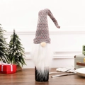 Nordic Gnome wine bottle cover with grey knit hat and white faux fur beard decor - Style B Red Grey Polka Dot