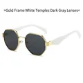 Polygonal metal sunglasses with gold frame, white temples, and dark grey lenses - Gold Frame White Temples Black Grey Lenses