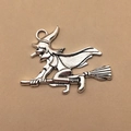 Antique silver witch on broomstick metal charm for Halloween DIY jewelry making - Witch on Broom 33x35mm