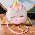 Plush unicorn crossbody bag for kids featuring pink and white fur with a gold horn - Unicorn