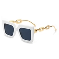 Fashionable white square frame sunglasses with gold chain-link metal temples for women - White Frame Dark Grey Lens