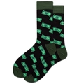 Detail showing green dollar bill pattern on black cotton crew socks over a white background - Dollar