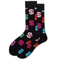 Detail view of black crew socks with colorful dollar sign print and premium knit texture - Black Dollar