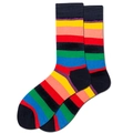 Detailed view of colorful striped mid-calf socks in yellow, red, blue and green knit - Rainbow Stripes