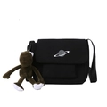 Bolso bandolera grande de lona negra con bordado de planeta y colgante de mono de felpa - Con Colgante de Rana / Negro