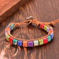 Handmade Bohemian multi-color square stone yoga bracelet with vintage floral metal clasp - Single Wrap Button / Rainbow Stone