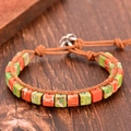 Handmade bohemian bracelet with square colorful emperor stones and floral button clasp - Warm Green Tones (Style-3)