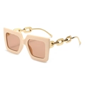 Chic beige square sunglasses with gold thick chain temples and tinted brown lenses - Beige Frame Pink Lens
