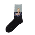 Detail of artistic socks featuring The Birth of Venus masterpiece on black cotton fabric - Venus Birth Pattern