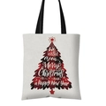 White canvas Christmas tote bag with red and black buffalo plaid tree graphic - Plaid Christmas Tree with Typography (GW001-5)