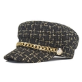 Modische Damen Schiffermütze aus Tweed in Schwarz und Gold mit Kette und Löwenknopf - Erwachsenengröße 54-58cm / Schwarz mit Goldfaden