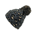 Gray leopard print knit beanie with fuzzy pom-pom and thick winter texture - One Size / Grey Leopard Print