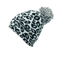 Winter knitted leopard beanie in black and white with a large grey pom-pom - One Size / White Leopard
