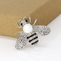 Elegant silver bee brooch with white faux pearl and sparkling black and white crystals - Silver Bee Pearl