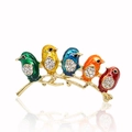 Elegant gold bird brooch featuring five colorful enamel birds with sparkling rhinestones - Five Colorful Birds