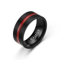 Macro detail of men's titanium steel ring with black brushed finish and red center line - US 11 / 8mm Black Ring with Red Line