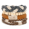 Men's retro multilayer leather bracelet set with wooden beads and braided cords on white background - Four-Piece Set