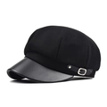 Schwarze Schirmmütze für Damen mit Leder-Schirm und silbernen Schnallendetails - M (56-58cm) / Wolle Schwarz