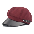 Vintage Newsboy-Mütze in Burgund aus Wolle mit schwarzem Lederschirm und Metall-Schnalle - M (56-58cm) / Wolliges Weinrot