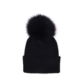Detail view of black knit winter hat with large faux fur pom-pom and thick folded brim - Black