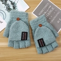Winter gray-blue thick knit half-finger gloves with flip top and brown button detail - One Size / Army Green