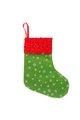Green Christmas stocking with white snowflake pattern and red plush cuff hanging on white background - Red Cuff Green Body