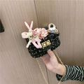 Mini black tweed crossbody bag for girls with pink rabbit doll and golden chain strap - Rabbit Style / Black
