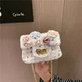 Mini tweed crossbody bag for girls with colorful 3D fabric flowers and pearl chain strap - Flower Style / White
