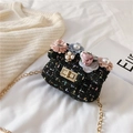 Mini black tweed crossbody bag for girls with pastel 3D flowers and gold chain strap - Flower Style / Black