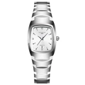 Silver quartz watch with square dial, luminous hands, and calendar display in steel band - Silver Strap White Dial Women's