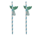 Blue and white striped paper straws with green mermaid tail honeycomb decoration - Lake Blue Mermaid