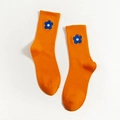 Orange mid-calf cotton socks featuring small blue flower embroidery and ribbed cuffs - One Size / Orange Red