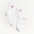 Witte katoenen sokken met roze bloemborduursel in een casual preppy stijl - Eén maat / Wit