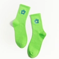 Fluorescent green crew socks with blue floral embroidery and cotton blend texture - One Size / Fluorescent Green