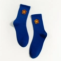 Blue cotton crew socks with brown flower embroidery for casual collegiate style - One Size / Navy Blue