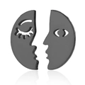 Detailed view of hollow asymmetrical face earrings in gunmetal grey finish - Black
