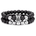 Set di bracciali a corona con perle nere opache e corona d'argento con zirconi neri - Argento