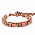 Handmade bohemian beaded bracelet featuring red and green square stones with a silver flower clasp - Imperial Jasper (Red & Green)
