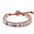 Bohemian beaded wrap bracelet featuring square green amazonite stones and flower clasp - Amazonite (Light Green)