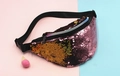Detail of reversible sequin waist bag with adjustable strap in pink and gold finish - Pink + Gold
