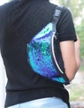 Blue and purple mermaid sequin fanny pack worn as a trendy crossbody bag for women - Green and Matte Black